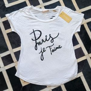 Paris tee shirt white with black font and rhinestones,  medium